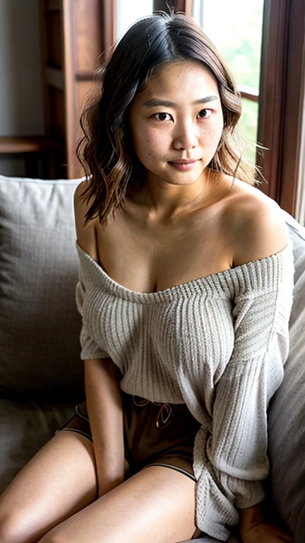 A VERY BEAUTIFUL WOMAN,leaning on a table and looking at camera, 1/2 body, front view, wearing jacket and thirties underneath, HIGH DEFINITION, A BEAUTIFUL CHEERFUL ASIAN WOMAN WITH ASIAN FEATURES, 20 TO 25 YEARS OLD, SHINY LIGHT DARK HAIR, HYPER REALISTIC