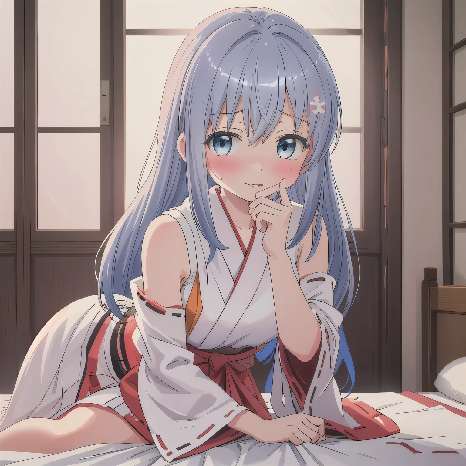 A 2D anime-style portrait of a beautiful girl with translucent skin and softly expressive eyes, gentle blush, subtly glowing gradient hair, delicate emotional line art with soft shadows, evoking a melancholic and enchanting mood. She is wearing a traditional red and white Japanese shrine maiden outfit (miko attire), sitting on the edge of a simple bed in a modest Japanese business hotel room. On the table nearby is a moist hand towel. She leans slightly forward, holding both hands playfully in front of her mouth, as if imagining holding something big and delightful. Her lips are softly parted, and she has a cheeky and flirtatious expression. No food or objects are being held. Long hair, blue hair, blue eyes.