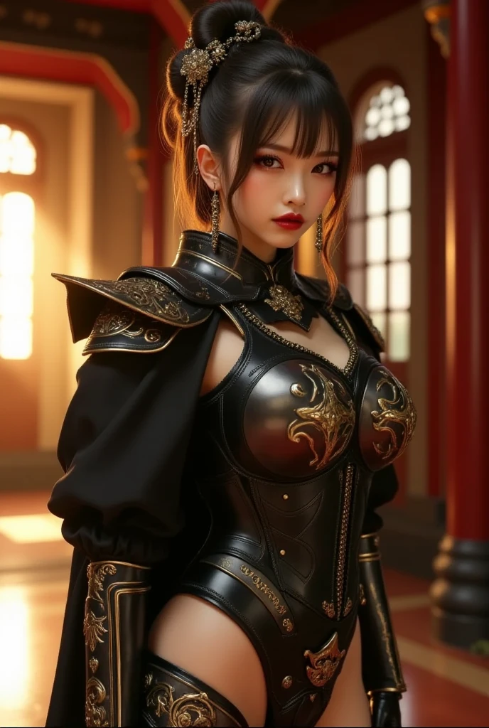 Royal Knights，From the neck down、The entire body is covered in luxurious heavy armor with a black enamel base and gold detailing.。.，Point the knight's sword at the sky，Sports Late Night，Cleavage close-up，Solemn，big, Protruding chest，Curved waist、Armor that fits around the waist、Moderate，Humble，Cinematic, High resolution, original, Complex, high quality, Gorgeous shades, Complex details, Ultra-fine，OC Rendering、Japanese Girl