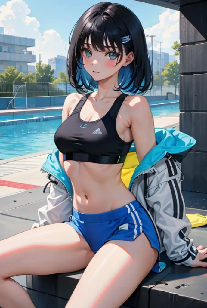 (masterpiece,highest quality),child,petite,black haired,medium hair,Light blue sports bra,Shifting underwear,Pissing,female reproductive organs,Spreading,nude,vagina,Get wetter,