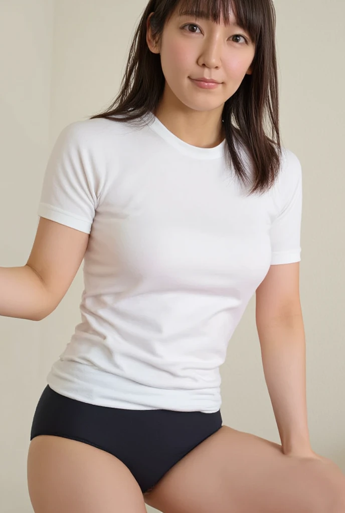 woman,((40 years old)), beautiful face, white skin, big tshirt, long pants, big hips, soft smile, naughty, full body, kitchen