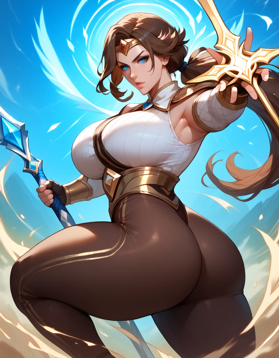 Saint Seiya,1girl in, red short hair,Spiral perm,all-fours ,top down bottom up, look back, High quality, leotard-like armor