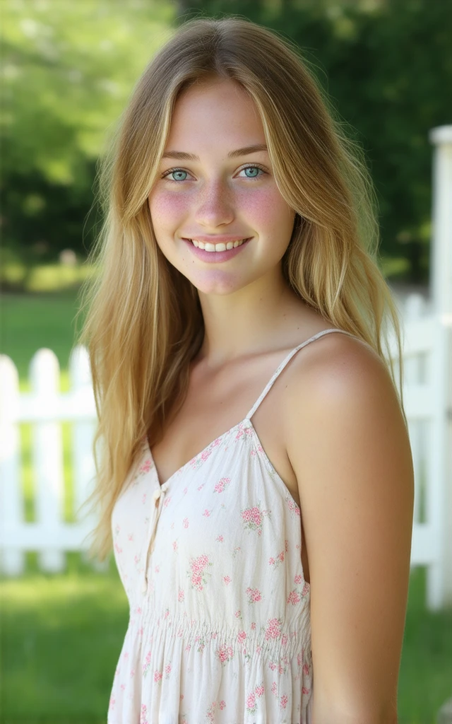cute blonde lady, freckles, grunge makeup, brown eyes, shy demeanor, lustful, mysterious, hyperdetailed photography, smiling, at the park, wearing a sundress