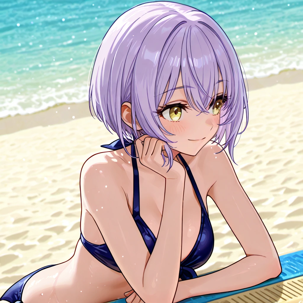 (masterpiece, best quality:1.2), full body, solo, Android 18 from Dragon Ball, 20s, ((string bikini, black bikini)), sitting, medium breasts, blunt bangs, short purple hair, (brown eyes), earrings on earlobes, slim, skinny body, blush, sky, magnificent view, blur background, 4K, open mouth, beach, side-tie bikini bottom, smile, (Sandy Beach), barefoot, knees up, beautiful butt, (front view,) (hugging own legs), (crossed arms), side boob, cleavage, front side, (under bikini aside),