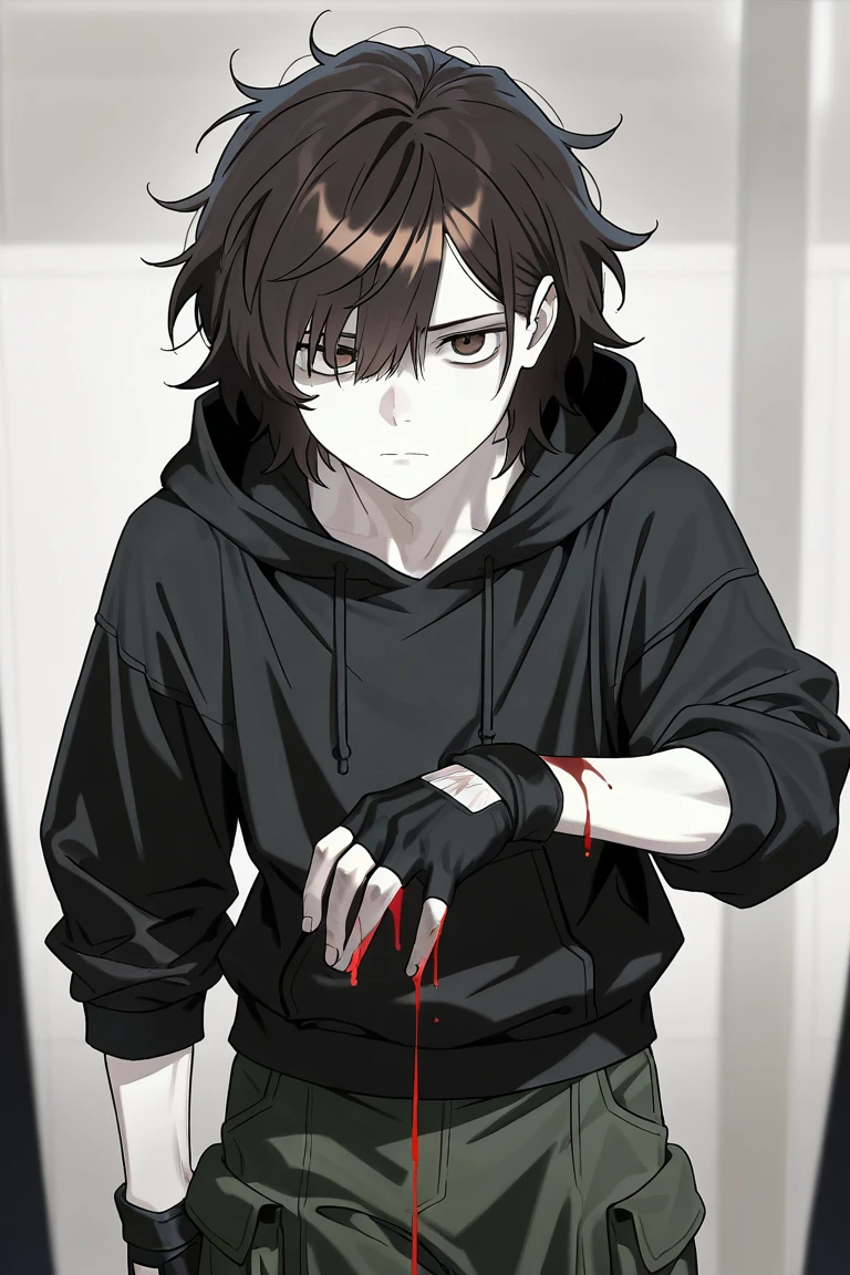 Alta qualidade, Colors with cold feel A teenager with black hair and a cold and penetrating place bleeding a little and cleaning himself of genre anime with a brown skin and brown eyes dressed in black
