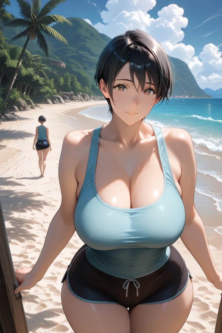 (2girls:1.6), (2mature womans:1.5)(gleaming skin:1.3), detailed eyes, mature woman, A milf with black short hair, sky-blue eyes, wearing a metallic bikini, gigantic breast,standing, beach.