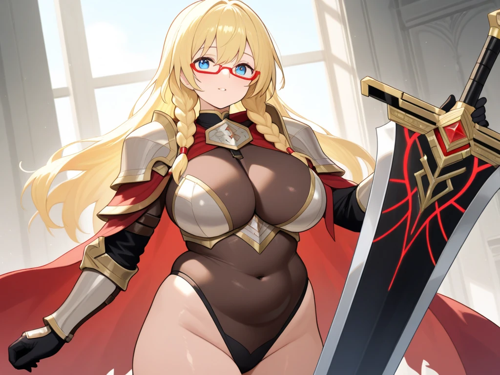 (obra de arte), melhor qualidade, arte de fantasia, 1 garota, a female knight in metal armaduras holding sword, Vermelho_Roupa, branco_armaduras,cropped shoulders armaduras, plate armaduras, armaduras dress,manoplas, cabelo loiro,twintails, Cabelo longo, azul_olhos, Tiara de rubi,decote, Coxas, coxas, arma