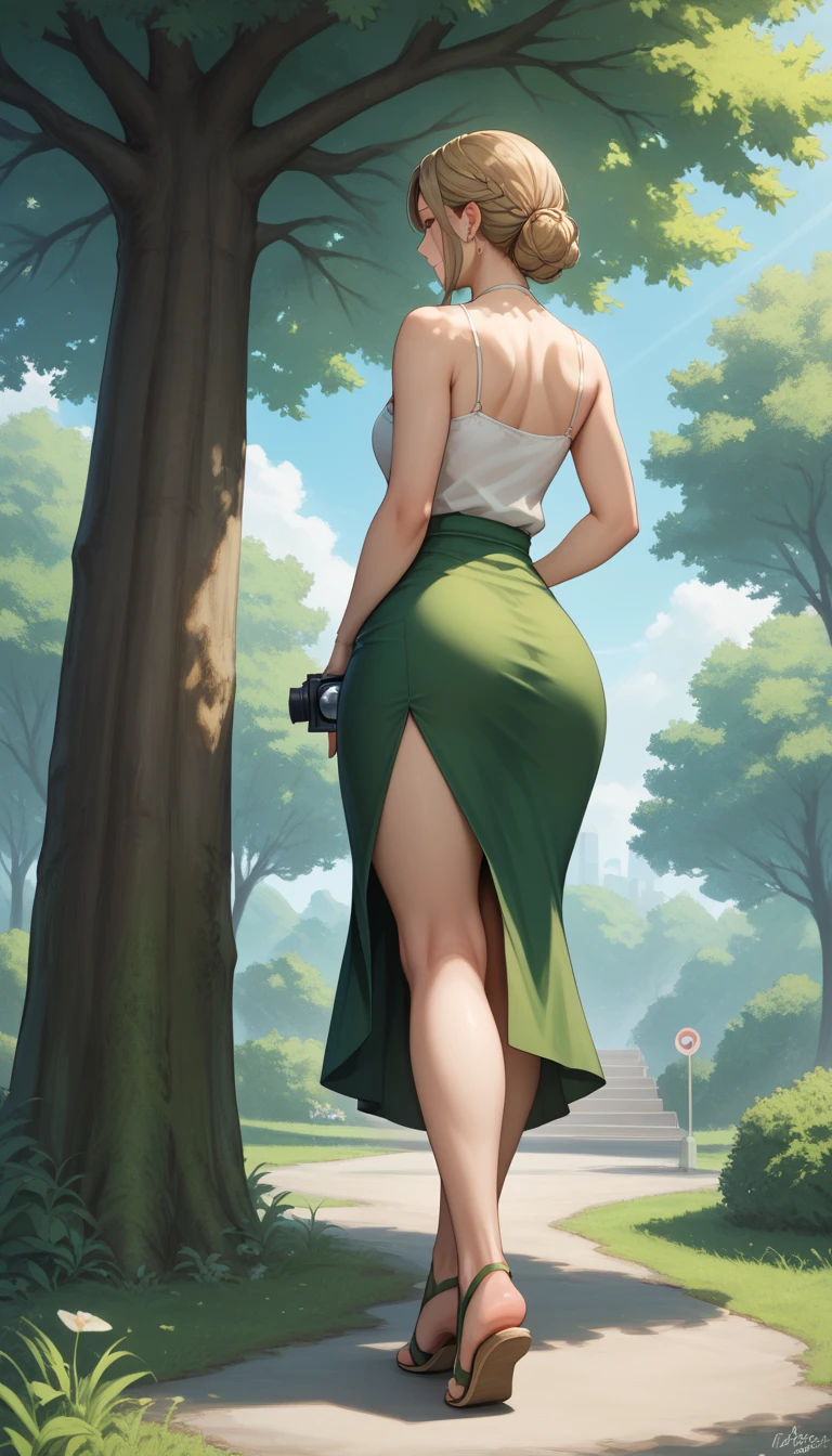 masterpiece, best quality, extremely detail 8k cg, high resolution, 1girl, pakura, green hair, orange eyes, perfect eyes, choker, outfit-gls, sweater, high-waist skirt, high heels, perfect ???, ????????????, forhead protector, outdoors, garden, standing, beautiful face, wide shot photo, full body, ???????????