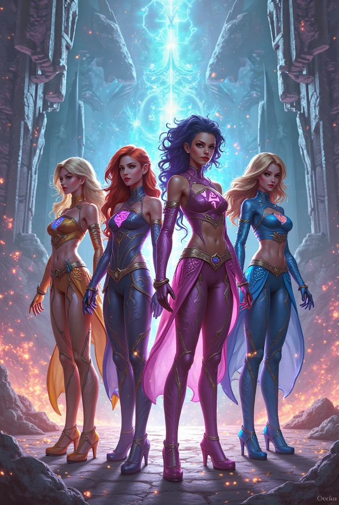 Group of heroines, the leader has short blue-black hair with powers to control the stars, sexy heroine outfit, Your red-haired partner has the power to control telekinetic magic with telepathy, gothic clothes, another witch with long curly straight green hair in witch outfit, another with powers to open portals, big purple black power hair, the tallest of the group, 80s disco outfit