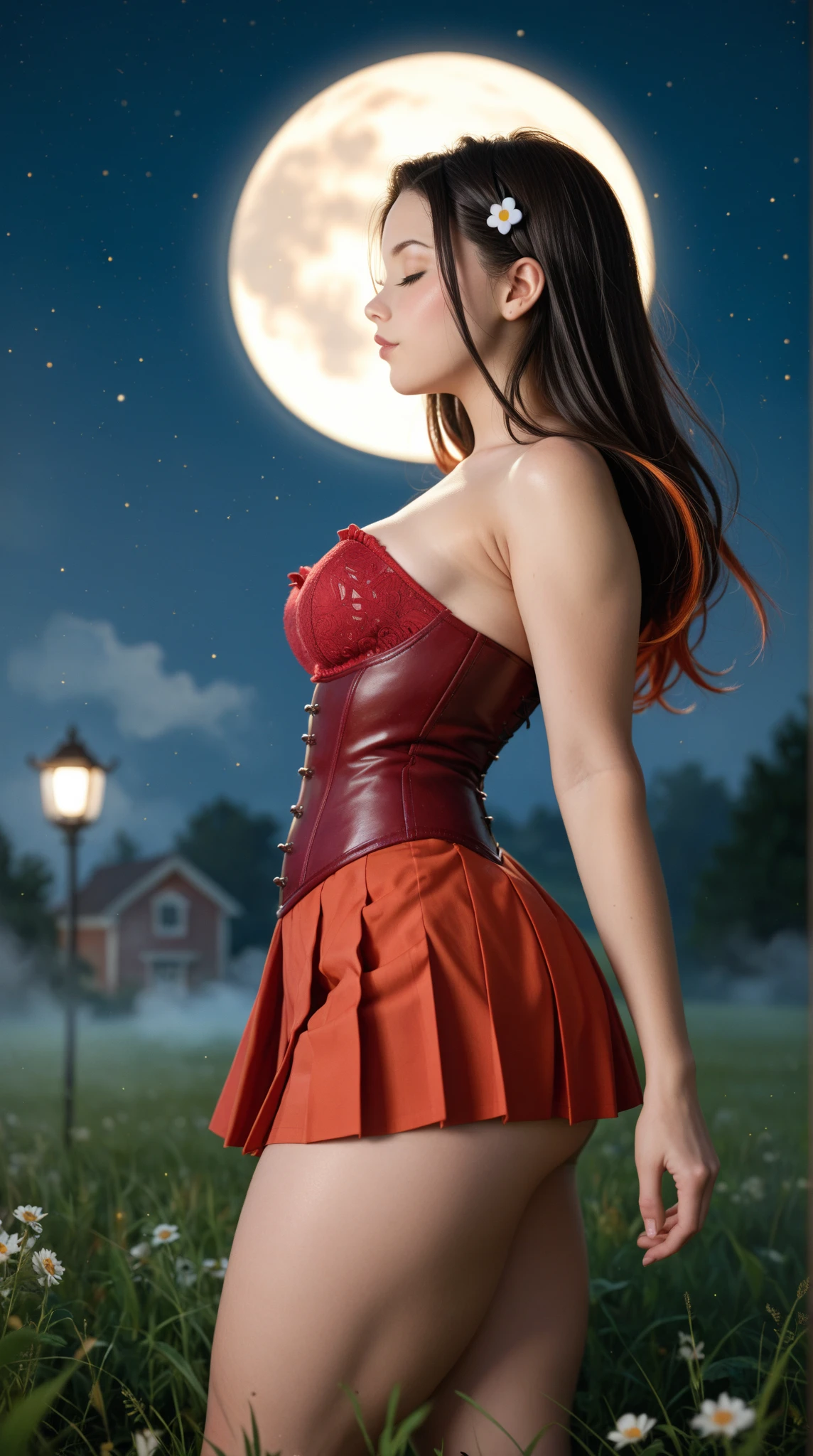 Red erotic lingerie autumn season and full moonlight on hotel balcony