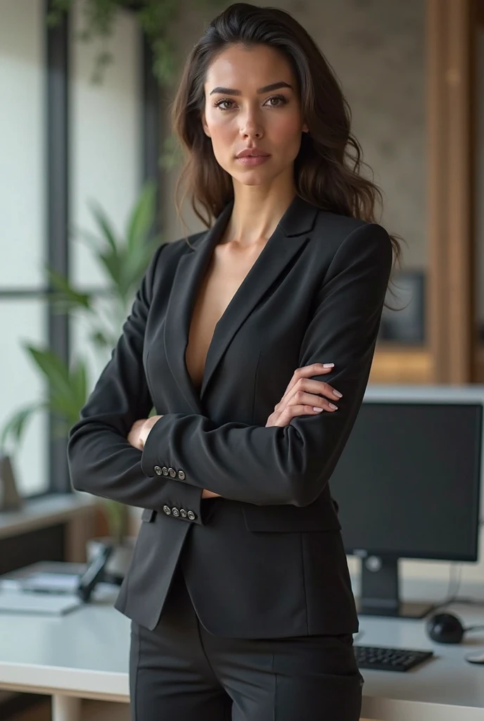 (best qualtiy,8k,32k,tmasterpiece,UHD:1.2),1girll,beautiful japanese woman,a narrow waist,grey suit,open shirts,office lady,White suit,trouser,,office room,office desk,(Stretch out your thighs:1.2),详细的脸,with short dark brown hair,