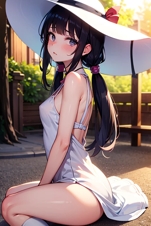 masterpiece, Superb illustrations, Highest quality, Particles of light, Very detailed, 8k wallpaper, (Vibrant colors:1.2), (girl), look back,Laugh shyly,blush, Laugh shyly, Gaze lovingly at,Medium chest, Black Hair, Messy Hair, Medium length hair, ponytail, Pink Ribbon, Shiny Hair, Glowing Skin, Cute Face, (Pink tennis uniform), Bottomless, Nipples, (Beautiful pink eyes, Shining Eyes), , blush cheeks, Open your mouth, (male:1.4), (male standing behind girl), (Intense sex:1.2), (dorsal position:1.4), Standing puppy, Alienity, (male hold girl's waist:1.4), (View,male性の視点、View from above:1.4),(), National Foundation, Outdoor, Tennis court, sunlight, Shadow,