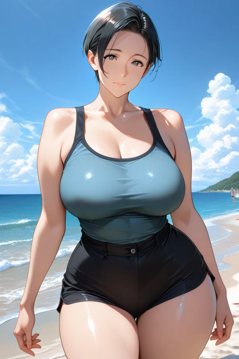 (gleaming skin:1.3), mature woman, milf, blush, A milf with black short hair, sky-blue eyes, wearing a one-piece swimsuit, breast,standing, beach. (crowd:1.2). arms behind back.