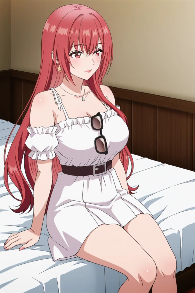 masterpiece, best quality, dahlia hawthorne, braid, white dress, cowboy shot, smile, grin, sitting on bed, spread legs, exposed breasts, pussy, nsfw, sweat