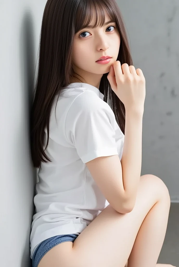 A hyper-realistic full-body image of a beautiful young Japanese woman standing against a white background, wearing a loose-fitting white dress and black ankle boots. She has long, straight dark hair and is posing with her arms crossed and one leg slightly bent. She is looking directly at the camera with a gentle expression. The style is photorealistic, with extremely high resolution and realistic details, making her appear very lifelike.