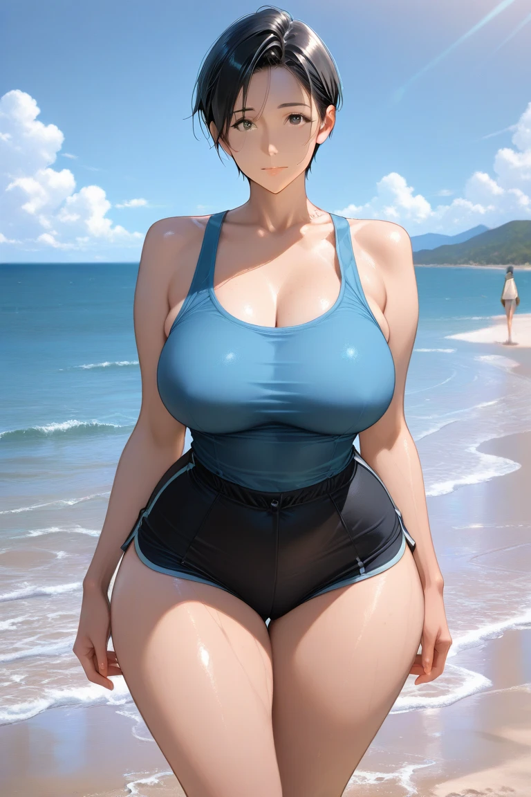 (beautiful tall Jewish teenager) aged 19, slim, thin, green one-piece swimsuit, mountains, hot springs, rocks, mist, steam, puddles, bathing, relaxed, [waterfall], detailed background, ((very long wavy hair)), (dark auburn hair), ((ponytail)), ((((big oversized massive huge colossal gigantic breasts)))), Canon 5D, ((muscles)), (tall girl), long legs, bursting breasts, skindentation, [skin blemishes], masterpiece