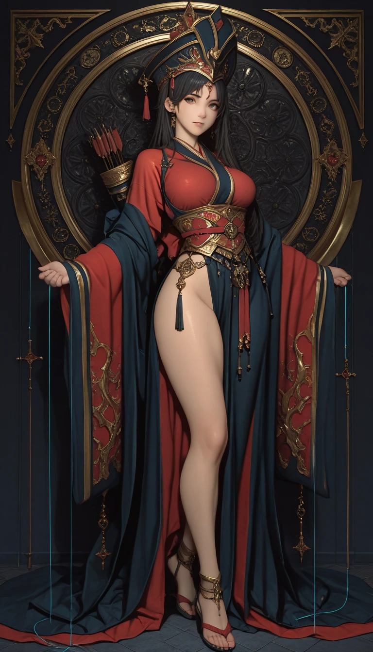Adult woman, brown hair in bun, dragon horns, blue eyes, red chinese dress, cloak, spear, dragon, Gold inserts, red lipstick, Masterpiece, hiquality