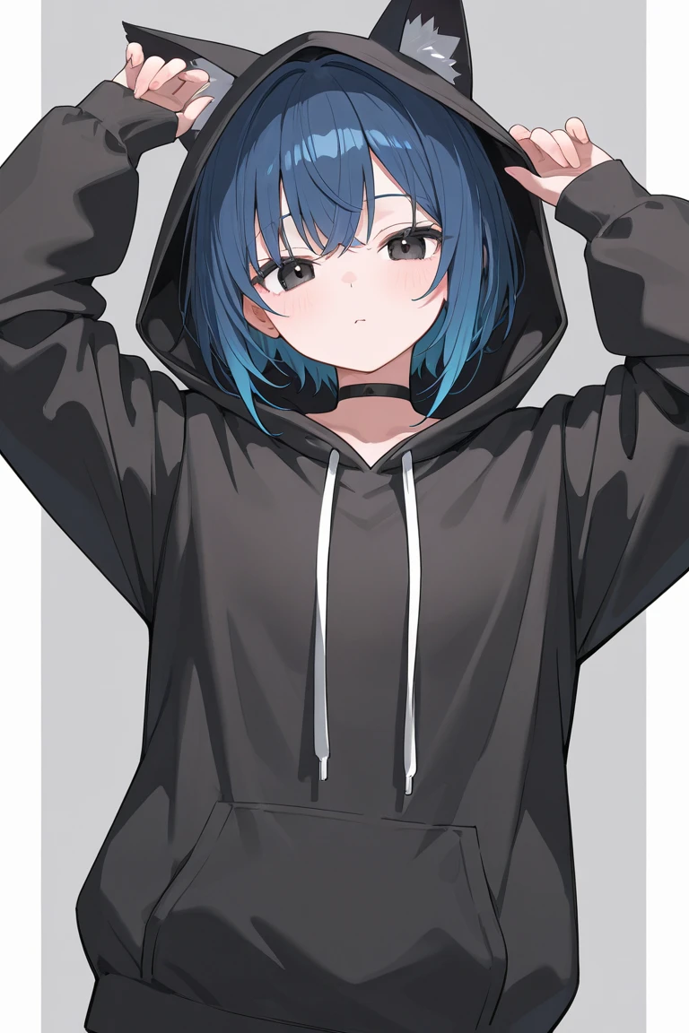 White background、Solid white background、Blank background、just standing girl, only one girl、Full body shot from the front,Ultra-high resolution, highest quality,fish-bone braid hair、Fishbone Hair、Flat Chest、beautiful detailed eyes、black hair、Black hair × Blue eyes、blue eyes、Open your mouth without showing your teeth、Smile with mouth wide open、Plain white hoodie、Black pleated skirt、barefoot