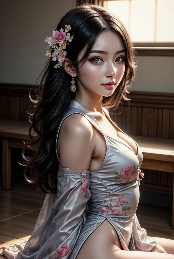 cute women，beautiful eyes in detail，beautiful double eyelid，（（（seduct smile，Quiza exterior）），Pink lips，cleavage，A masterpiece，4K，Delicate portrayal of facial features ，Ultra-realistic 8K CG，flawless perfection，tmasterpiece，professionalartwork，famousartwork，s the perfect face，beauitful face，beautidful eyes，（immersiveatmosphere，lightand shade contrast：1.5，Bright light:1.2,lumnious),,(Blushlush:0.5),Ultimate detail_The eye,Exquisite background,photorealestic:1.3,Faraway view,on cheongsam，full bodyesbian，（ambient lights：1.3），（cinematic compositions：1.3），（hdr：0.1） ，校服 --auto