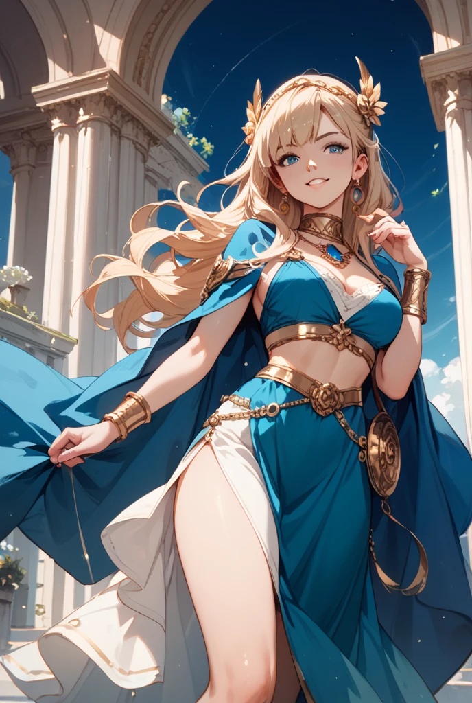 1girl huge large breasts,goddesses,Vi delicate and beautiful face,golden hair,flowy,full breast,Convex buttocks,greek clothes,perfectly proportioned, Detailed clothing details,Temple,wonderland,Cinematic lighting, filmgrain, Fujicolor, light and darkcontrast, 8K, 巨作, Textured skin, Super detail, High detail, High quality, high resolucion,
