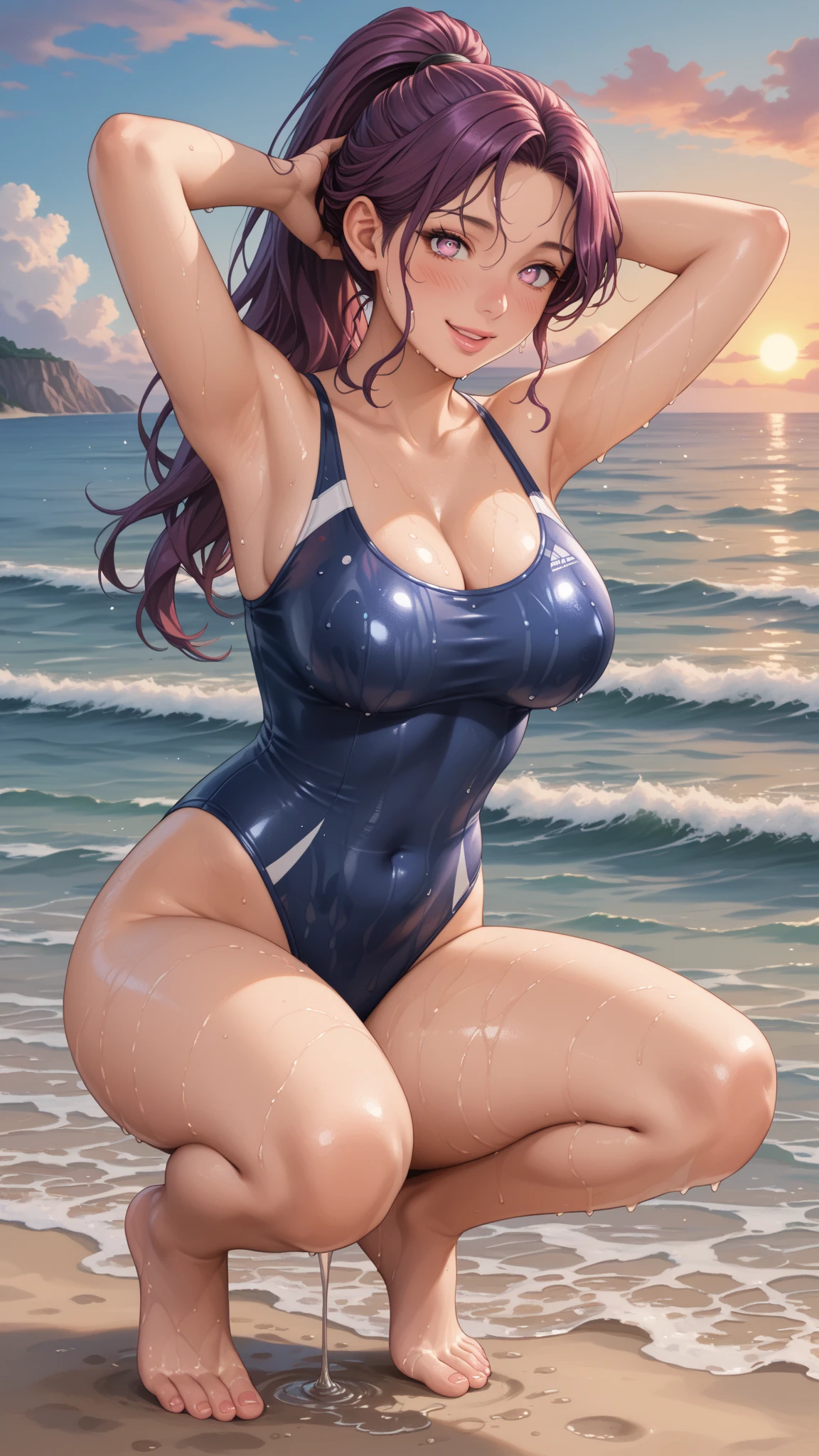 (masutepiece:1.5),very precise details,Ultra High Resolution,the Extremely Detailed CG Unity 8K Wallpapers,(Realistic,Photorealsitic,hyper realisitic:1.5),(Curve,Model,glamor:1.5),Beautiful breasts,Farbe_aberration,beautiful detailed shadow,Beautiful eyes,Beautiful body,Beautiful skin,beautifull hands,(Aesthetic Anime Eyes:1.4),(Smile:1.4),
(Colossal tits,rather large breasts,Hide all breasts:1.18),(Aesthetic Anime Eyes:1.4),(beautiful hands of a woman:1.4),(Matsumoto Rangiku:1.5),(I-Cup Bust:1.4),blue eyess,(white and blue high leg swimsuit:1.4),(open your legs quite wide to the sides、Crotch indirect:1.25)(bright orange hair:1.4)A Japanese Lady、Neat and clean woman、Super Cute、High Leg Swim Racing Suit、(Beautiful beaches in Hawaii:1.4),