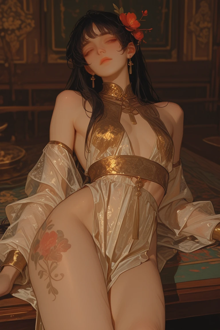 A Masterpiece, Highest quality. Photorealism style oil painting of a Stunning Beauty Javanese Little Princess, about 9 years old. Shyly smile. Short hair. Wearing nothing, No underwear. Fully naked. Traditional Javanese golden tiara. Beautiful shoulders, beautiful small breasts, sideboobs, underboobs, beautiful belly, beautiful waist, beautiful mons pubis, beautiful thighs, beautiful legs. Javanese Imperial Park in the background. HD image, full body image, wide image, top to toes, very detailed anatomy, very detailed background.