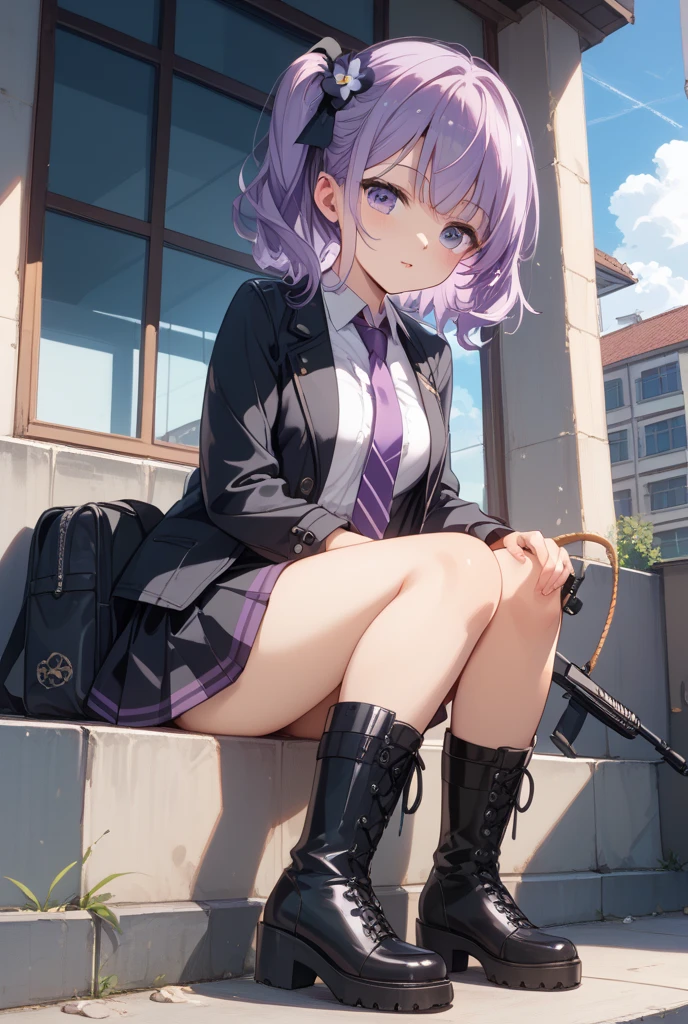 Purple hair and eyes、 girl、Small breasts、braided ponytail、smile、Gal-like、Wearing cute earrings、cute uniform、Add highlights around the eyes、Cute hairpin、Full body view、School