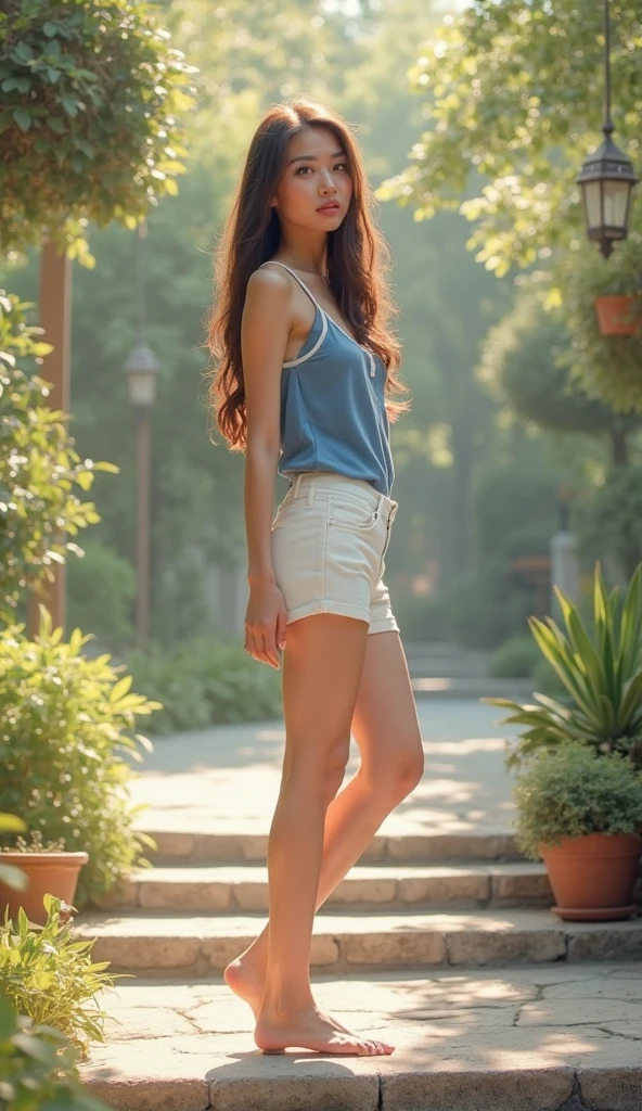 ((best quality)), ((masterpiece)), (detailed), perfect face, Lovely girl 19 years old supermodel, (((very tall))). (((very skinny))), slim, tanned sweaty skin, full body shot, flat cheastwd, long torso, wearing heels, feminine, romantic, long tousled hair blowing in the wind, pretty brown eyes, glossy then lips, shimmering makeup, dazzling beauty, bedroom setting, xxme.me style, full body shot.