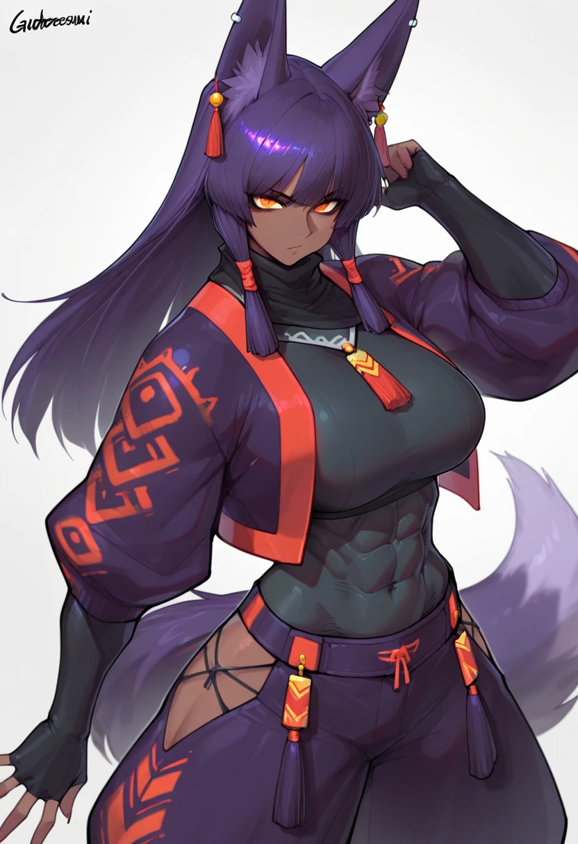 full-length character portrait of a sexy,adult,(female:1.4),(anthro:1.3),donner,hi res,soft shading,good anatomy,cinematic lighting,by woolrool,crayon \(artist\),buta99,detailed background,outdoors,standing,yellow eyes,bra,open topwear,shoulder pads,arm wraps,sandals,jacket around waist,sword sheath,shorts,gradient hair,large hands,red fur,horn,