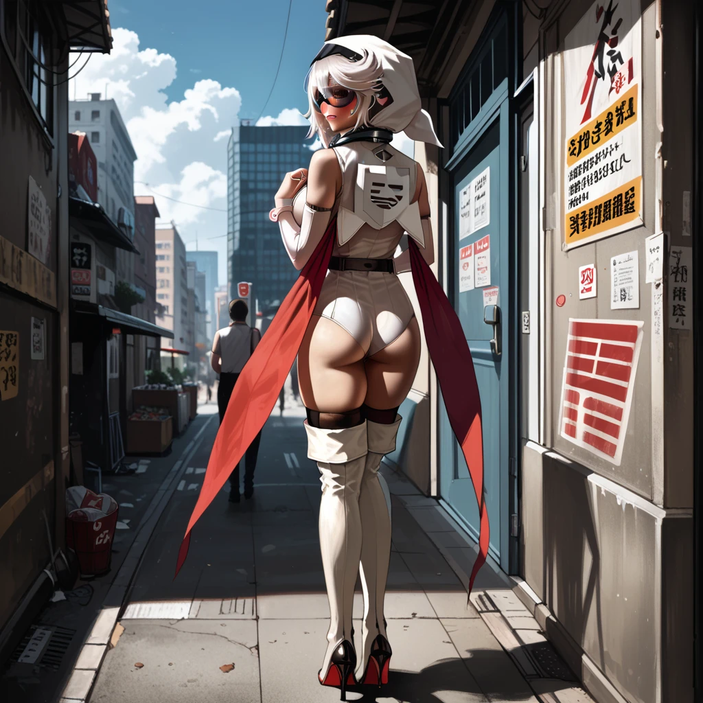 masterpiece, best quality, solo, solo focus, japanese yakuza mobster girl with a red gymnast leotard, matching boots, long hair, white hair, red hairband, glowing red eyes, bare legs, perfect anatomy, perfect proportions, uses bo staff, facial scar, heroic, stylish, hdr, intricate details, hyperdetailed, cinematic, rim light, danger atmosphere, noir, night, cyberpunk lighting, tokyo street