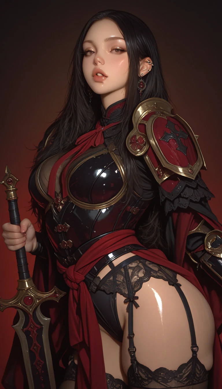 (best quality,4k,8k,highres,masterpiece:1.2),ultra-detailed,(realistic,photorealistic,photo-realistic:1.37),red lighting,striking colors,bokeh,,portraits,a beautiful young woman,detailed facial features,expressive eyes,pouty lips,strong and confident stance,full makeup and body paint,seamless Deadpool costume,tight-fitting bodysuit with straps,authentic details,elaborate weapons and accessories,background of flames and smoke,dynamic pose,imposing presence,highly realistic textures,detailed shadows and highlights,professional studio lighting,artistic composition.