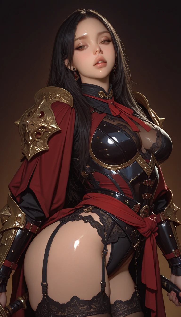 realistic. perfection, 1girl, long hair, black hair, red eyes, army pose, posture, confident look, chinese armor, samurai, swordsman, full breasts, katana, moonlight, chinese empire