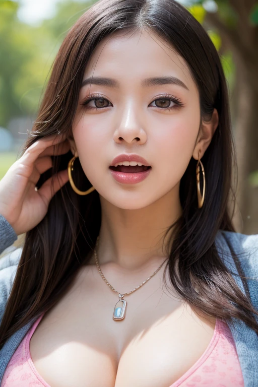 1 girl, Korean model, extremely beautiful, perfect body, tank top, jeans, necklace, earrings, bracelet, masterpiece, 8K, lifelike. White, smooth and shiny skin. Glossy pink lips, pink eyeshadow, eyelashes, blush, cosmetics, bright white skin, detailed pores, shiny skin, shiny skin. Her hair is black, smooth, and bouncy in the sunlight.