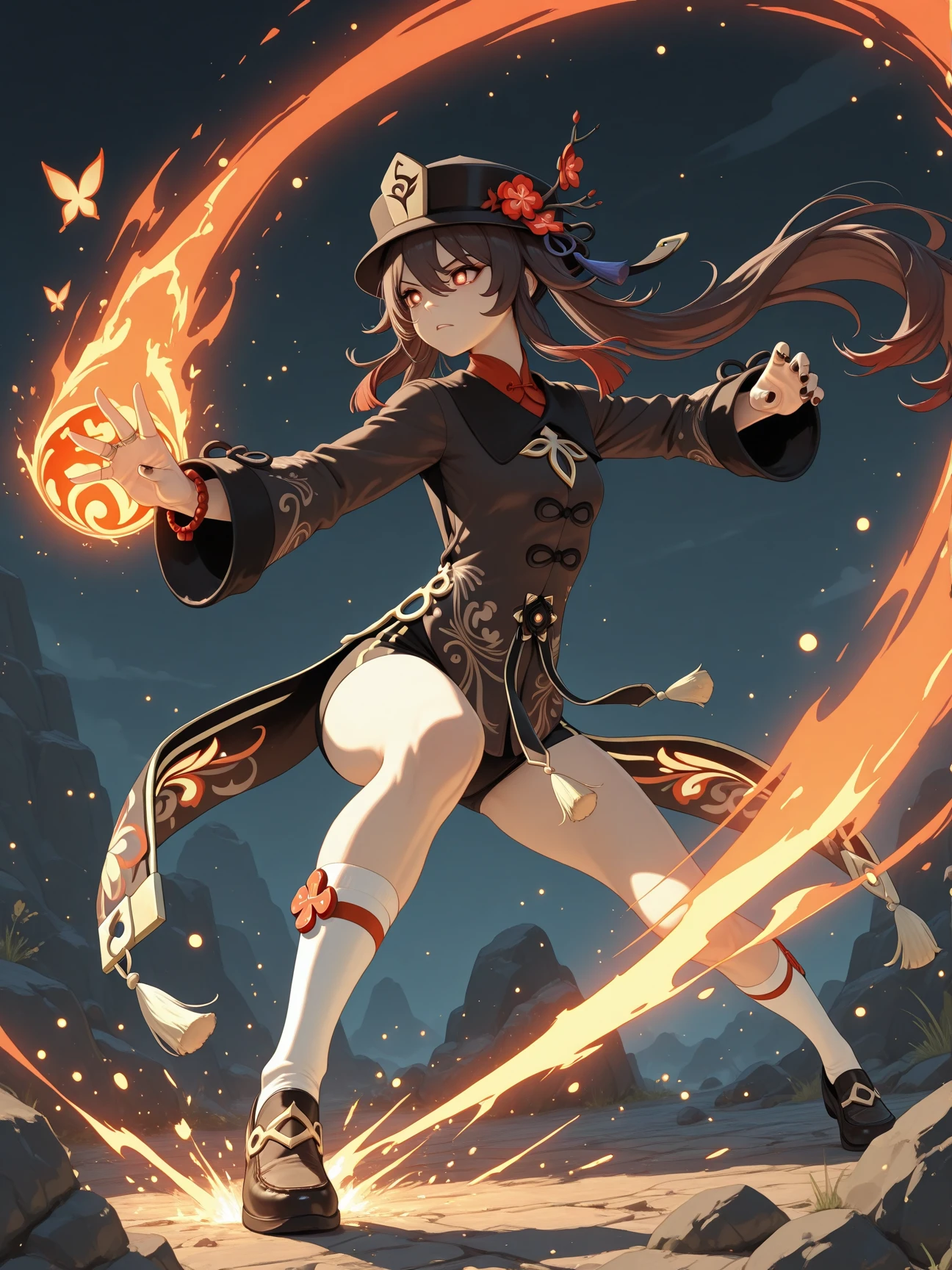 2d, masterpiece, best quality, anime, highly detailed face, highly detailed eyes, highly detailed background, perfect lighting, full body, 1girl, solo, hu tao \(genshin impact\), flower-shaped pupils, symbol-shaped pupils, black shorts, chinese clothes, bare legs, hat, fighting stance, fire, magic, flower field, smile, (boo tao:1.2), holding polearm <lora:hu tao:0.7> <lora:thick line anime:0.7>