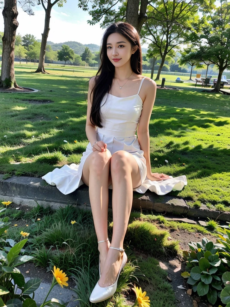 ,masterpiece, best quality,8K, ultra highres,Reallightandshadow,Cinema lenses,(beautidful eyes:1.1), ((The scene is,The upper part of the body)),dynamicposes,On a green meadow,A gentle goddess came with a gentle step。She wore a white dress,A gentle breeze blows,The skirt dances lightly。The sun shines through the leaves on her hair,Reflecting her clear eyes and gentle smile。Colorful butterflies flew around her,Flowers bloomed at her feet,It was as if nature was cheering for her。