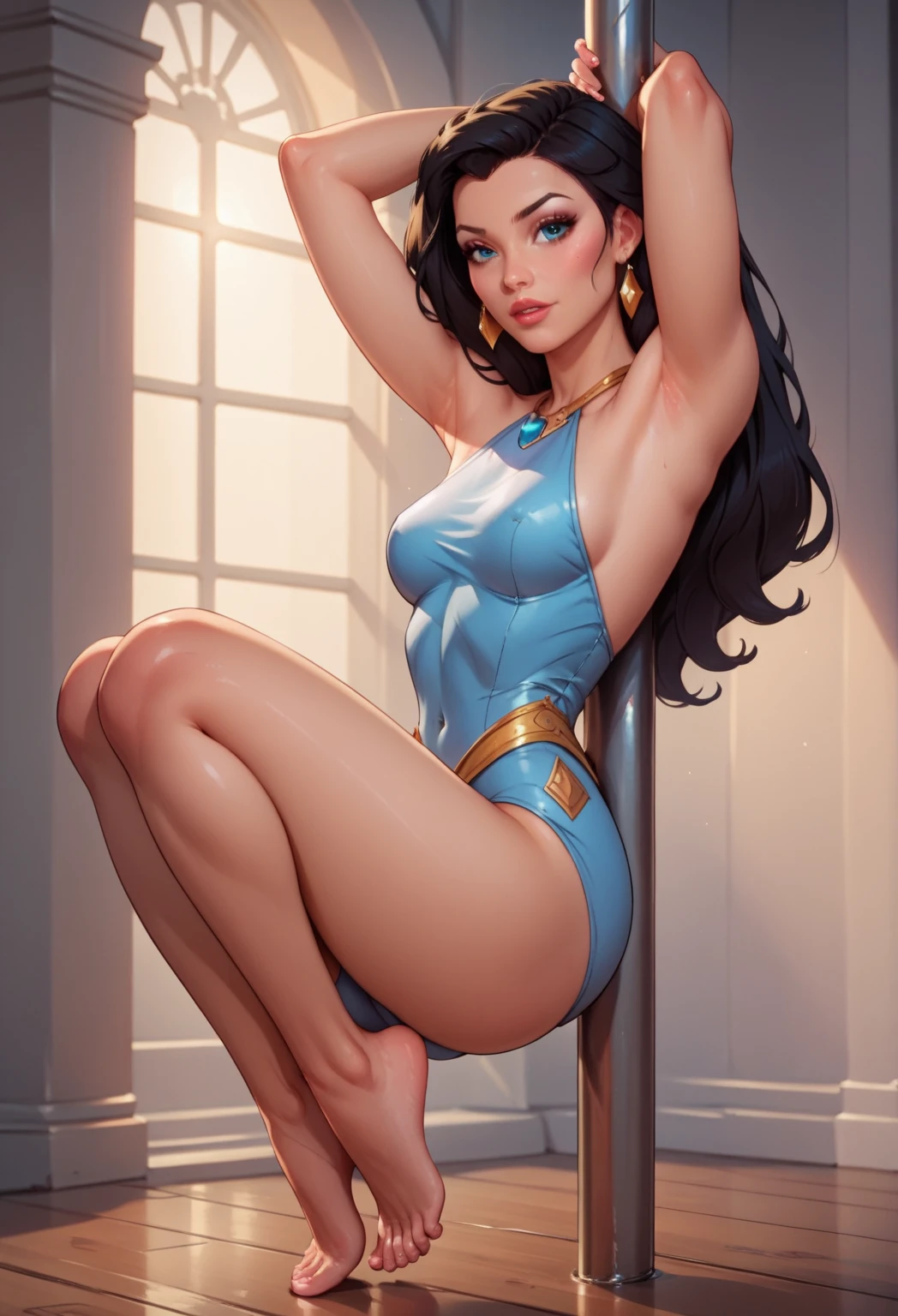 Curvy blue eyed girl with long wavy black hair and small breasts