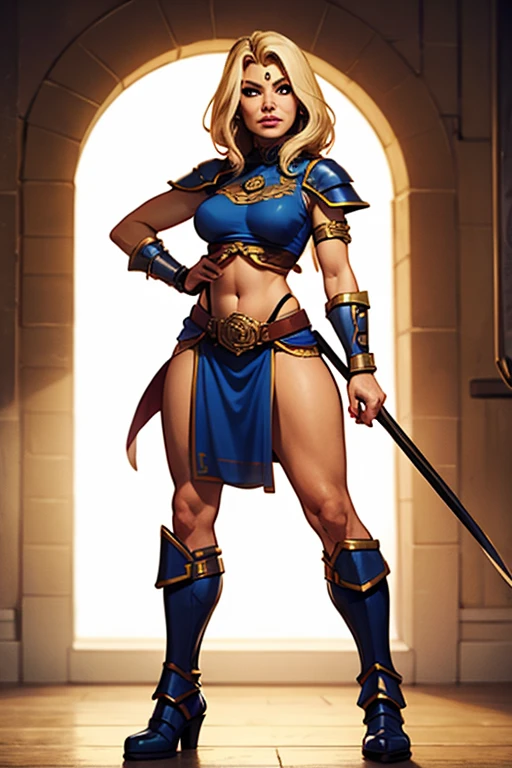 a female gladiator(blue eyes, blond hair, fair skin, amazingly gorgeous, stern and determined, tall and slender, abs, a pair of long perfect legs, black bikini armor with golden borders, ready for fatal battle against the male gladiator), a male gladiator(dark hair, dark beard, abs, very musclar, big and heavy, bold, brutal, fearless, lustful, looking down on the female gladiator), in ancient arena full of enthusiastic audience, many blood stains on arena, epic dark fantasy art, Super accurate and ultra-precise hand depiction, photorealistic, super high quality, super detail, masterpiece, 4k, 8k, HDR