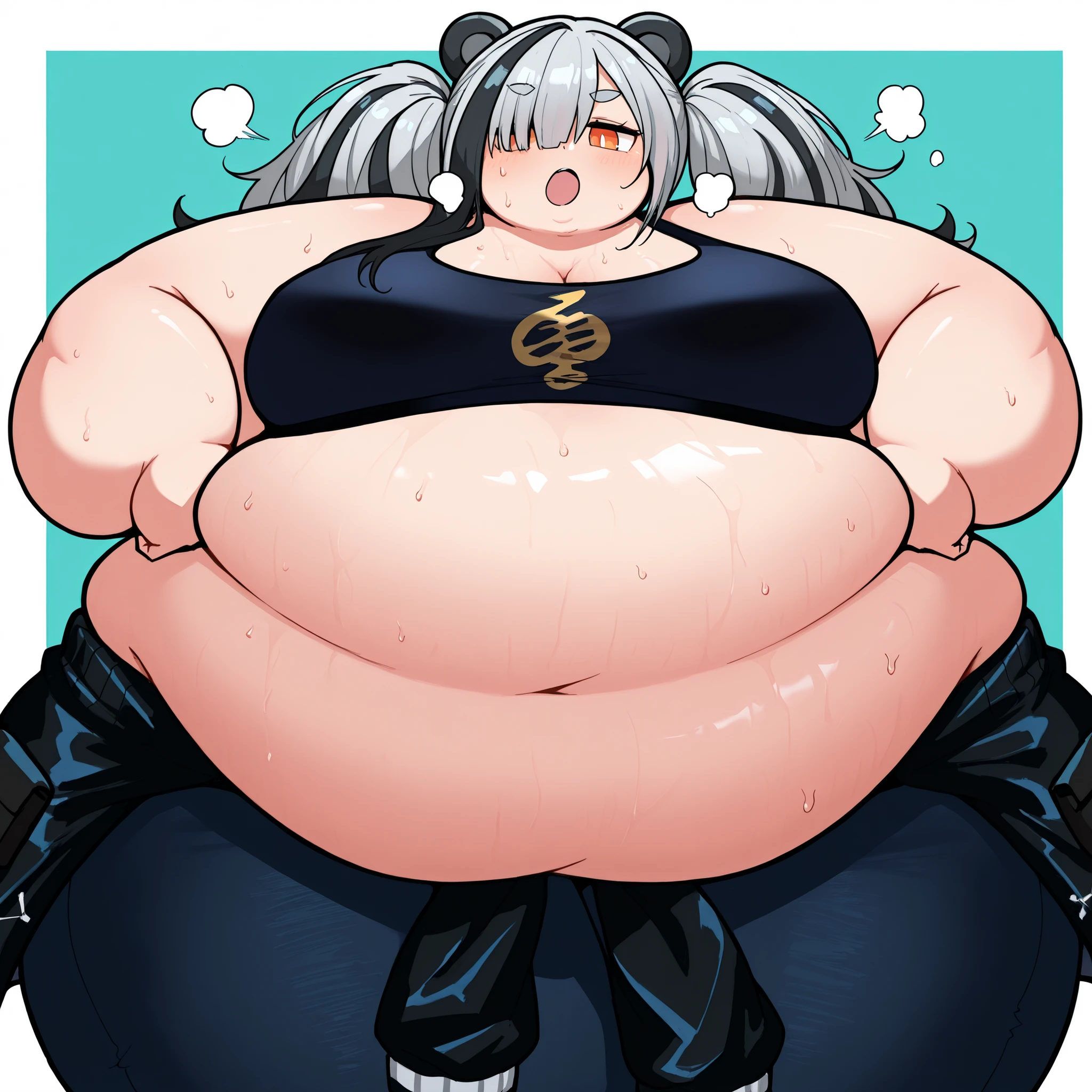 Fat cprebecca, colored skin, white skin, gree hair, twintails, artificial eye, slob body, colored sclera, red sclera, black jacket, bra, panties, small breasts, thick thighs, big Cheeks, cute and fat face, happy