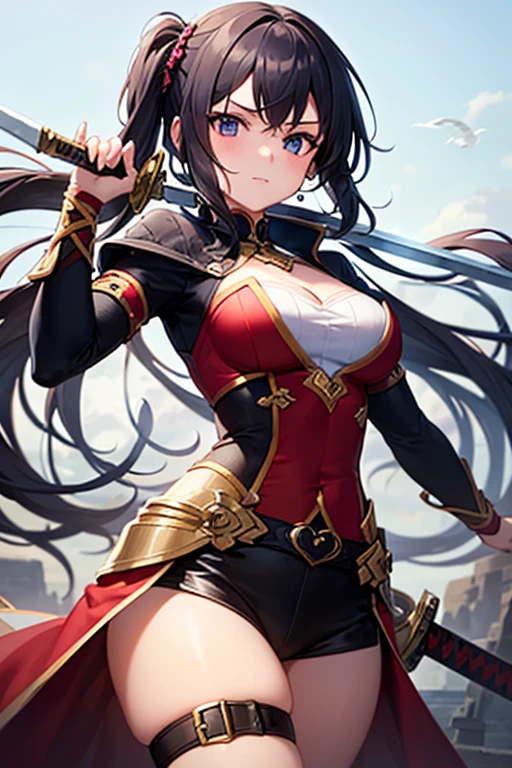 Fantasy sorceress, human with Italian features, 22 years old, long black hair, wears men's fancy travel clothes, holds a stick with a globe fixed on the end.