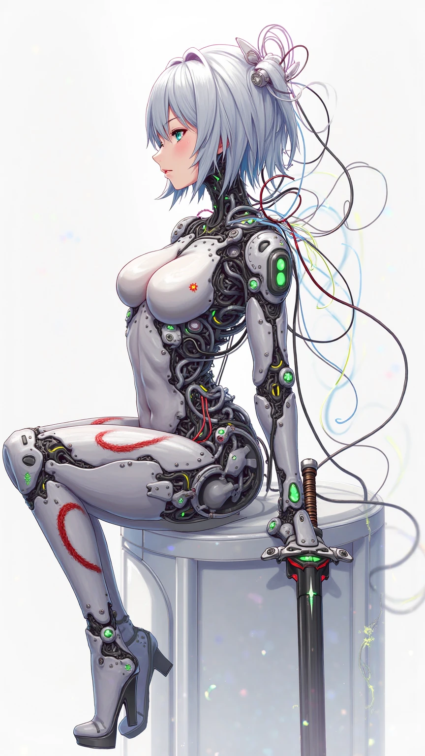 (((masterpiece))), (((Highest quality))), ((Very detailedな)), (Detailed CG illustrations), ((Very delicate and beautiful)),Cinematic Light,((One mechanical woman)), alone,mature,(Big and ample breasts),(Plump), (((The crotch is open))),((Thighs)),((Sitting)),whole body, (Machine made joints:1.4),((Mechanically cut muscle blood vessels connected to tubes),((Mechanical cervical spine attached to the neck)),(Wires and cables connected to the head and torso:1.5),short hair,(Character Focus),sf, ,((Very detailed,colorful)),Best details