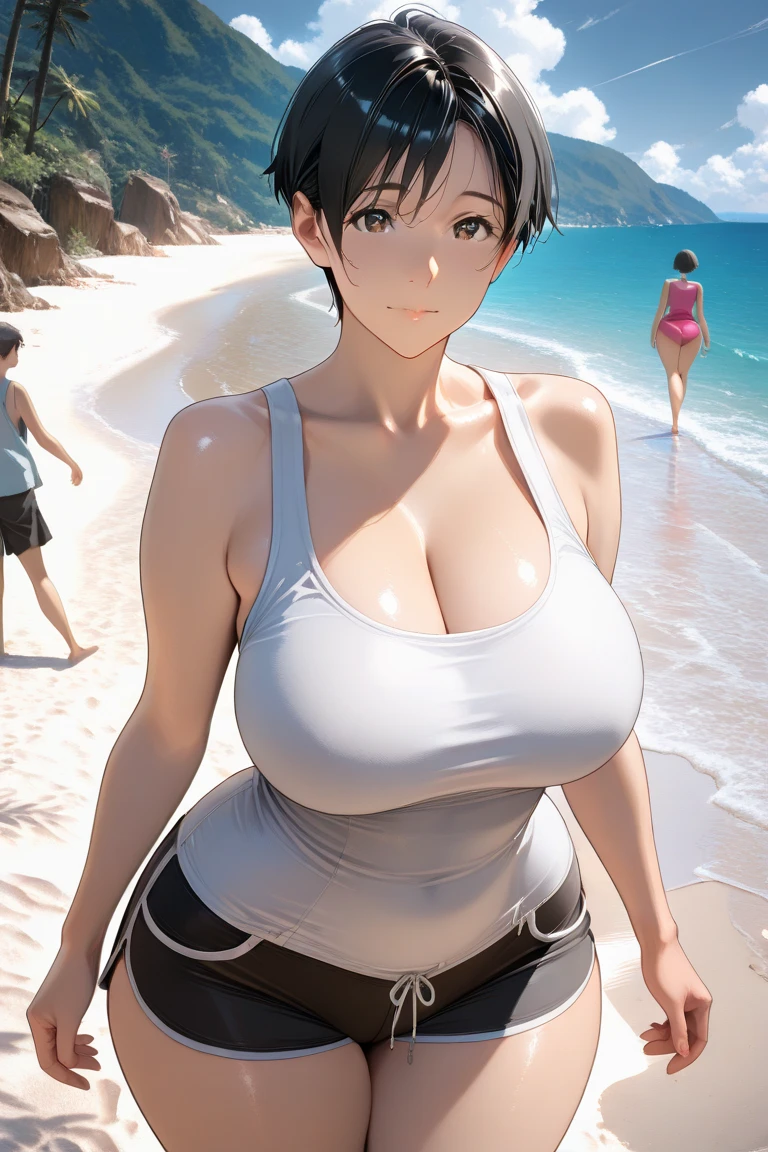 shiny skin, shiny body,komishuuko, big breast , thick thighs,(komishuuko),beautiful,masterpiece, best quality, extremely detailed face,perfect lighting,smile,beach,huge breasts,outdoors,sunny,looking at viewer,(1girl:1.3)