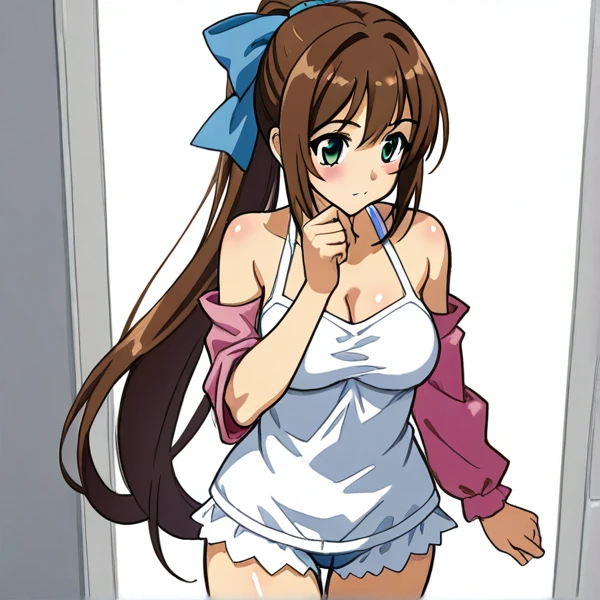 (Armpit Show),(Sleeveless),(Tabletop, Highest quality, High resolution:1.5, Anime Color, Megami Magazine:1.2, Anime poster style, Anime key visual, sharp, 8k, Realistic), (Beautiful attention to detail:1.5, Beautifully detailed face:1.2), Murue Ramius, One person, blush, (Brown Hair, Medium Hair), (Huge saggy breasts), (negligee:1.2, Very good), Upper Body, (Perfectly detailed anatomy, Beautiful detailed hair, Beautiful and exquisite body:1.2, Glowing Skin), (Thick outline, Beautiful contours, Black outline), Simple Background:1.5