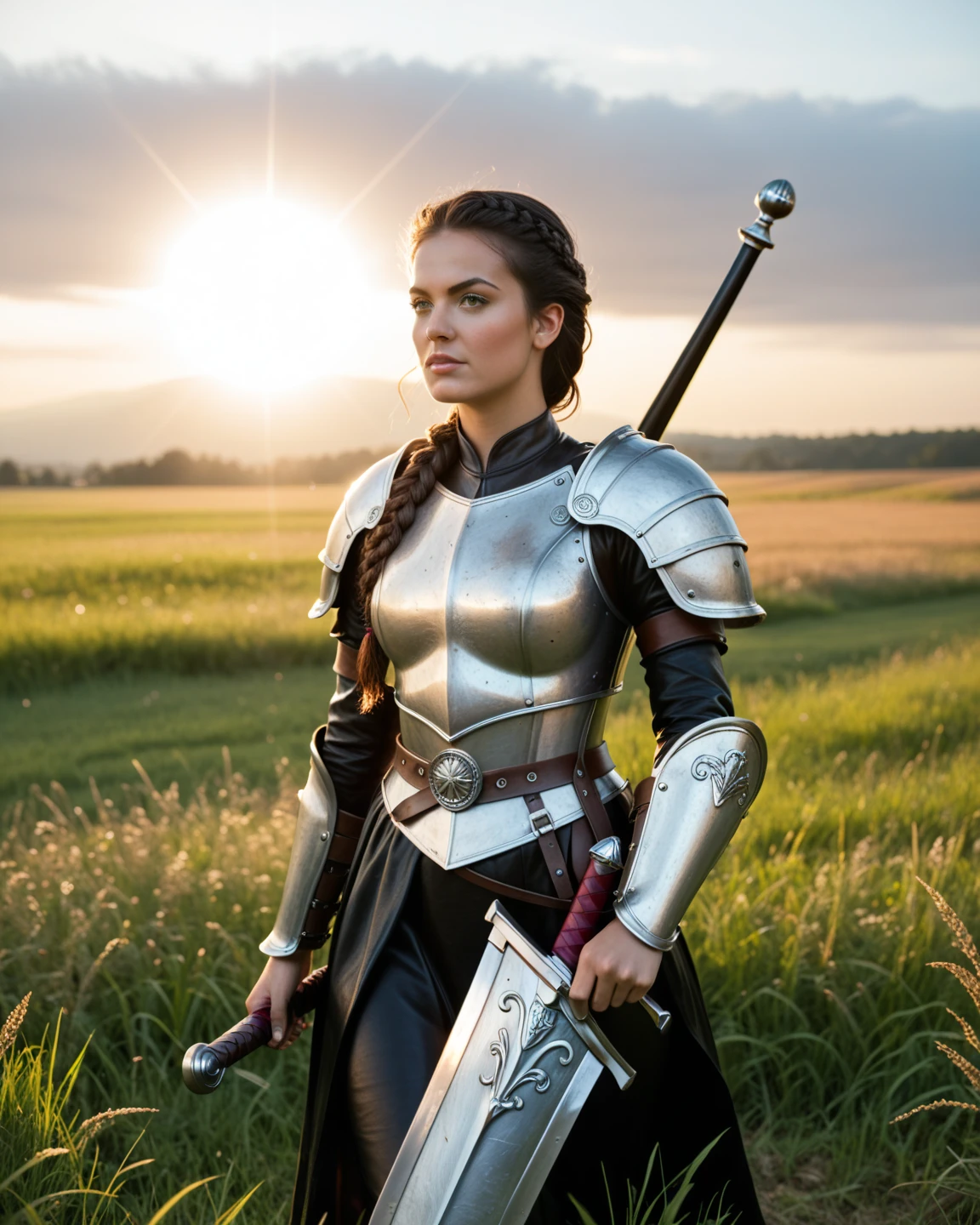 A highly detailed digital illustration of a female warrior kneeling in a sunlit forest. She has long, dark hair with lighter streaks that cascades over her shoulders and partially obscures her face. Her expression conveys sadness and exhaustion, with her head slightly bowed and eyes closed or looking downward. She is dressed in medieval or fantasy-inspired armor which is also very naked showing her and nupples the armor only consists of the armoured pants the uper body has a clotharmour but the armor is broken showing her bare breasts, The armor includes shoulder guards , all showing signs of wear and combat. She is kneeling or sitting on the ground with one knee bent, her body leaning slightly forward, capturing a sense of fatigue and defeat.
The setting is a serene forest, bathed in the warm, golden light of the setting or rising sun. This light creates a beautiful contrast with the darker elements of the scene, highlighting the character's emotional state. The background features trees and foliage that are slightly blurred, keeping the focus on the character in the foreground. The atmosphere is somber and reflective, with the interplay of light and shadow adding depth to the mood.
Next to the warrior lies a sword, either sheathed or on the ground, reinforcing the recent battle scene. Bloodstains are visible on both the character and her armor, adding to the intensity of the image. The drawing style is highly detailed, realistic, and evokes strong emotions, blending the serenity of nature with the harsh reality of battle. The overall artwork has a painterly quality, capturing a poignant moment of reflection and exhaustion.