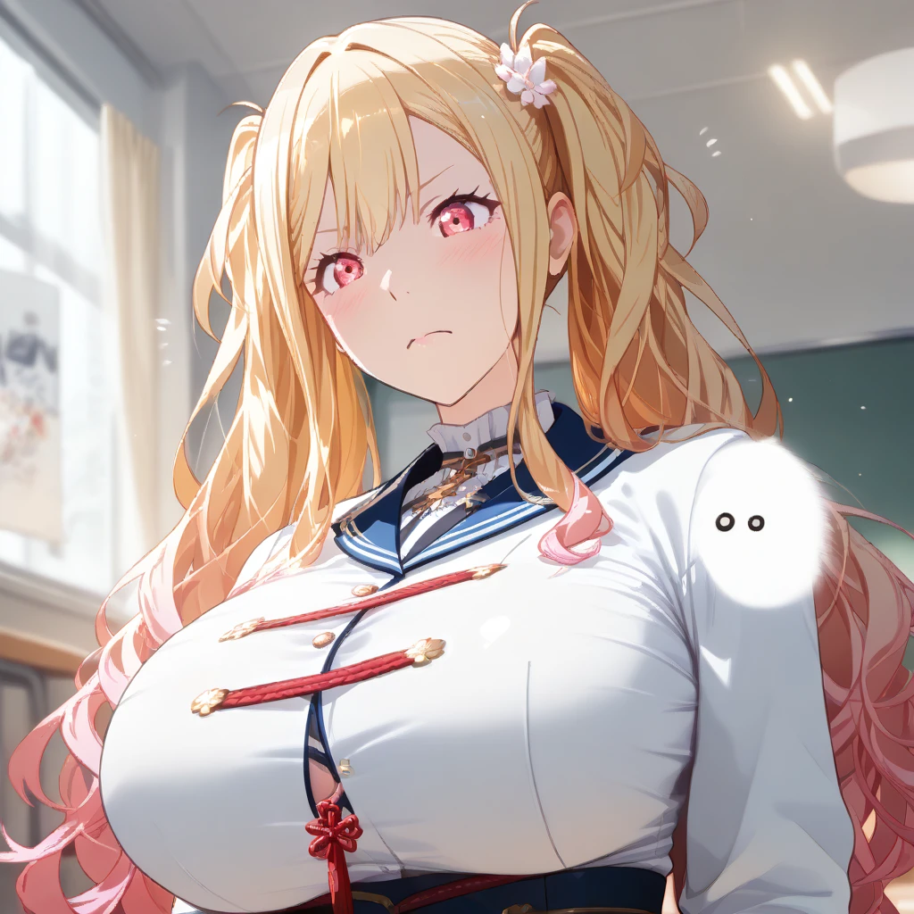 loose school uniform is sheer, button gap,(covered nipples:0.95),breasts,red white gold uniform,(side-tie peek:1.5),(button gap:1.5), white skirt, white top, red ribbon, golden buttons, golden shoulder pats, young adult, 19 years, blonde hair,half updo hair, brown eyes, beautiful brown eyes, big breast, striking body curves, horny smile, pink lips, girl, cute pose, masterpiece, classroom background, school