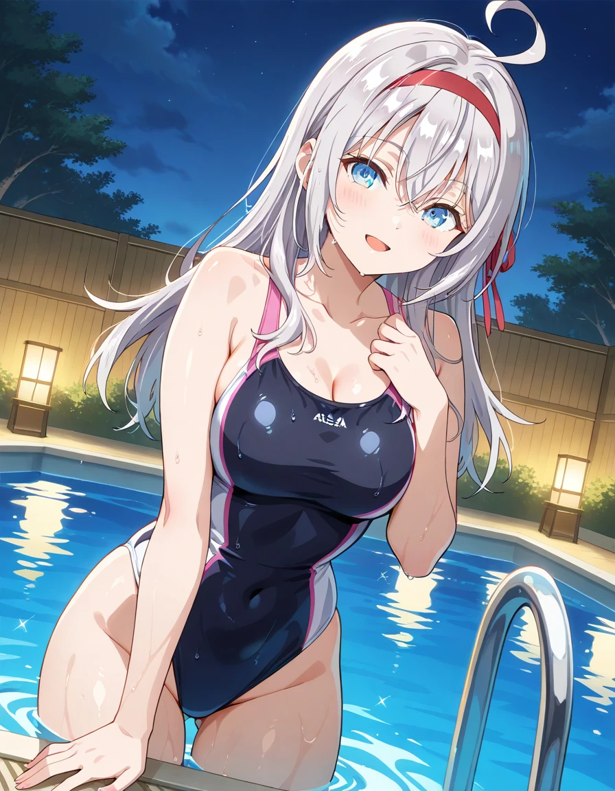 best quality, amazing quality, very aesthetic, absurdres, (1girl, mutsuki, blue archive, solo, red eyes, white hair, side ponytail), (realistic face:0.9),(string bikini:1.8),dress lift, (grin, blush, thigh:1.3), (cowboy shot), (glowing eyes), (half closed eyes:0.9), (from side:2), (official art:1.3), (pool), expressive eyes, perfect face, 4k, extremely detailed anime illustration, extremely detailed eyes, perfect anatomy, light rays, extremely delicate body, smooth skin, (pool background:1.5), clear eyes, (beautiful face:2), small breasts,(anime style:1.7), (Warm Light:1.5), (highres:2),