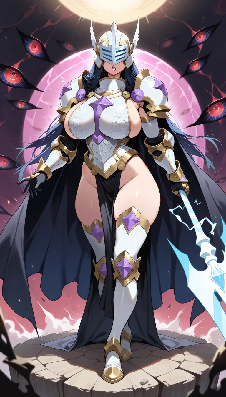 akniht,long purple hair, pointy ears, red eyes,
hairband, armor, gauntlets,black thighhighs,black panties,armored boots,garter straps, greaves,
long blue pelvic curtain to knees, tie between cleavage,
outer space,stars,
(insanely detailed, beautiful detailed face, masterpiece, best quality),
<lora:ArmorKnight-10v5:0.7>,