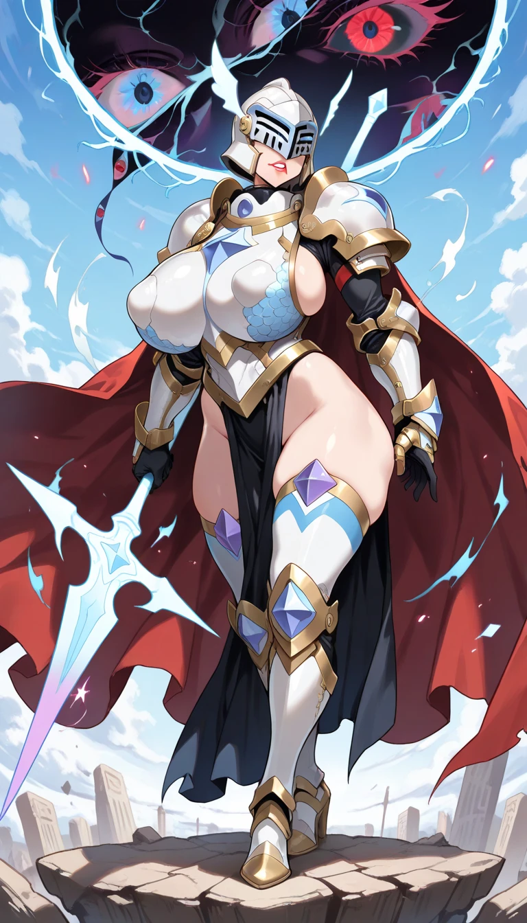 (masterpiece:1.2), (highest quality:1.2), 1girl, solo, purple-hair, long-hair, shield, breasts, weapon, armor, cleavage, large-breasts, polearm, helmet, open-mouth, smile, boots, purple-eyes, gauntlets, very-long-hair, thighhighs, blue-eyes, full-body, red-armor, looking-at-viewer, blush, thigh-boots, simple-background, armored-boots,
