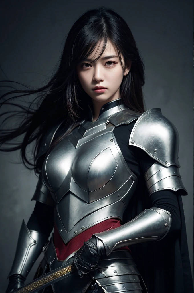 A movie poster depicting a female knight wielding a sword on a battlefield with the words "SeaArt INFINITY" written in large letters in the center,