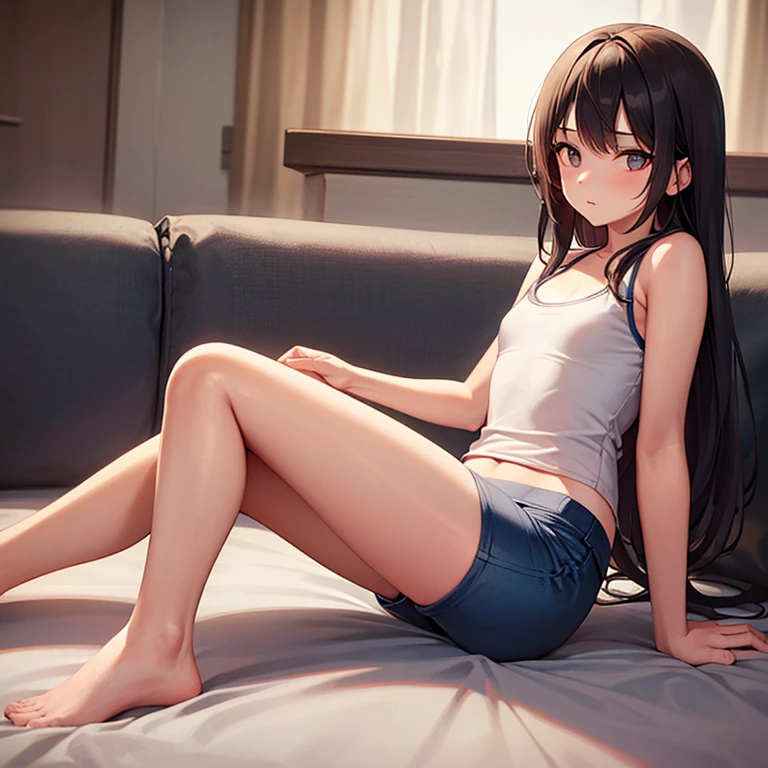 16k works,Highest quality,18-year-old,No background.White background only,whole body、sexy, One person, Beautiful Face,, Symmetrical eyes, Perfect body, Good balance、 Perfect body、Split, Long Hair, White sleeveless tank top,Blue Denim Shorts、sit