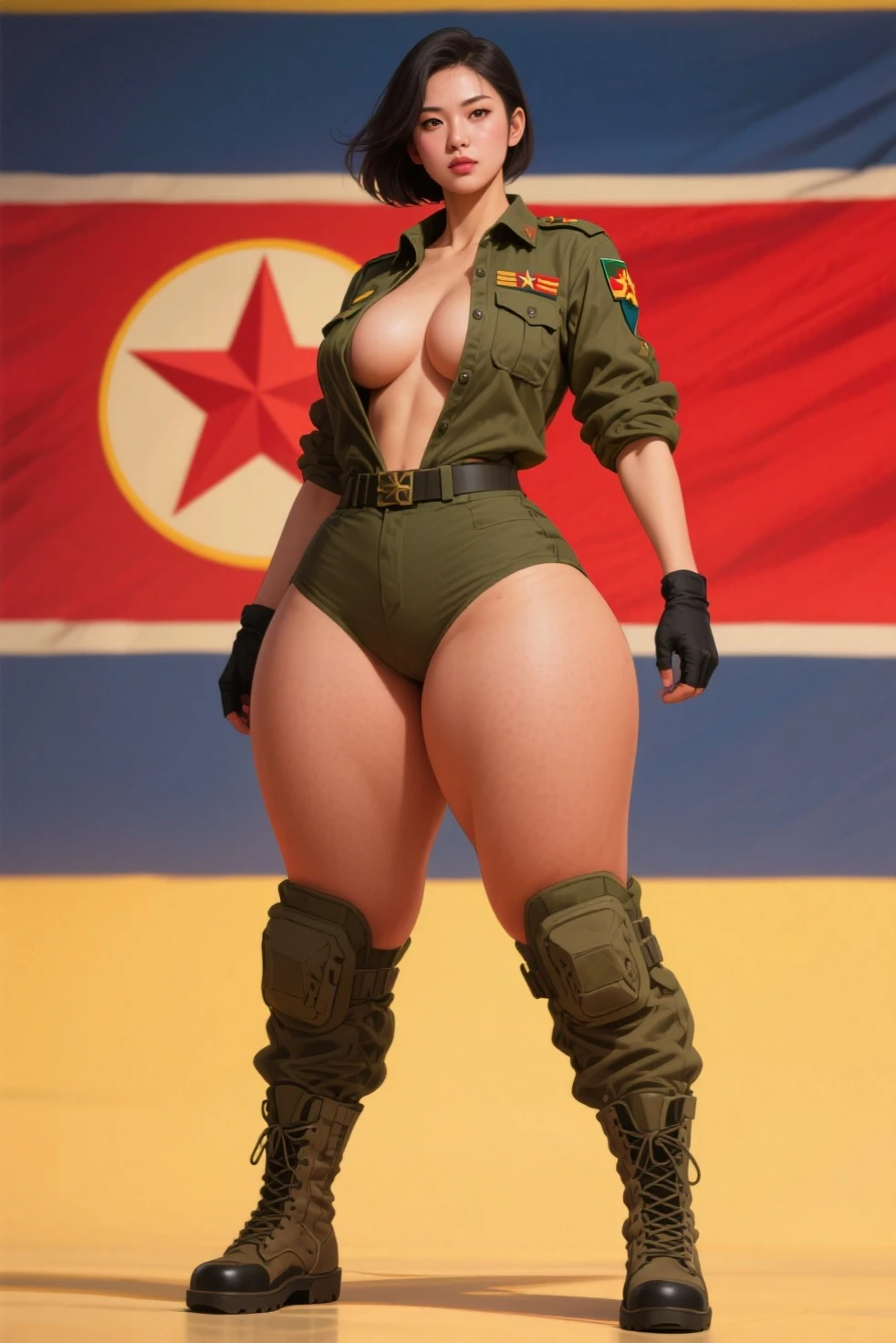 female model, dirty brown hair in a pony tail, sweaty, slutty, medium perfect , wearing skimpy camo outfit, happy and excited, great composition. sexy pose full of action, very slutty green military outfit, masterpiece, vibrant, professional photo, full body, holding gun, anime style, grey background, sexxy, nsfw, maxim magazine, nice breasts, showing off